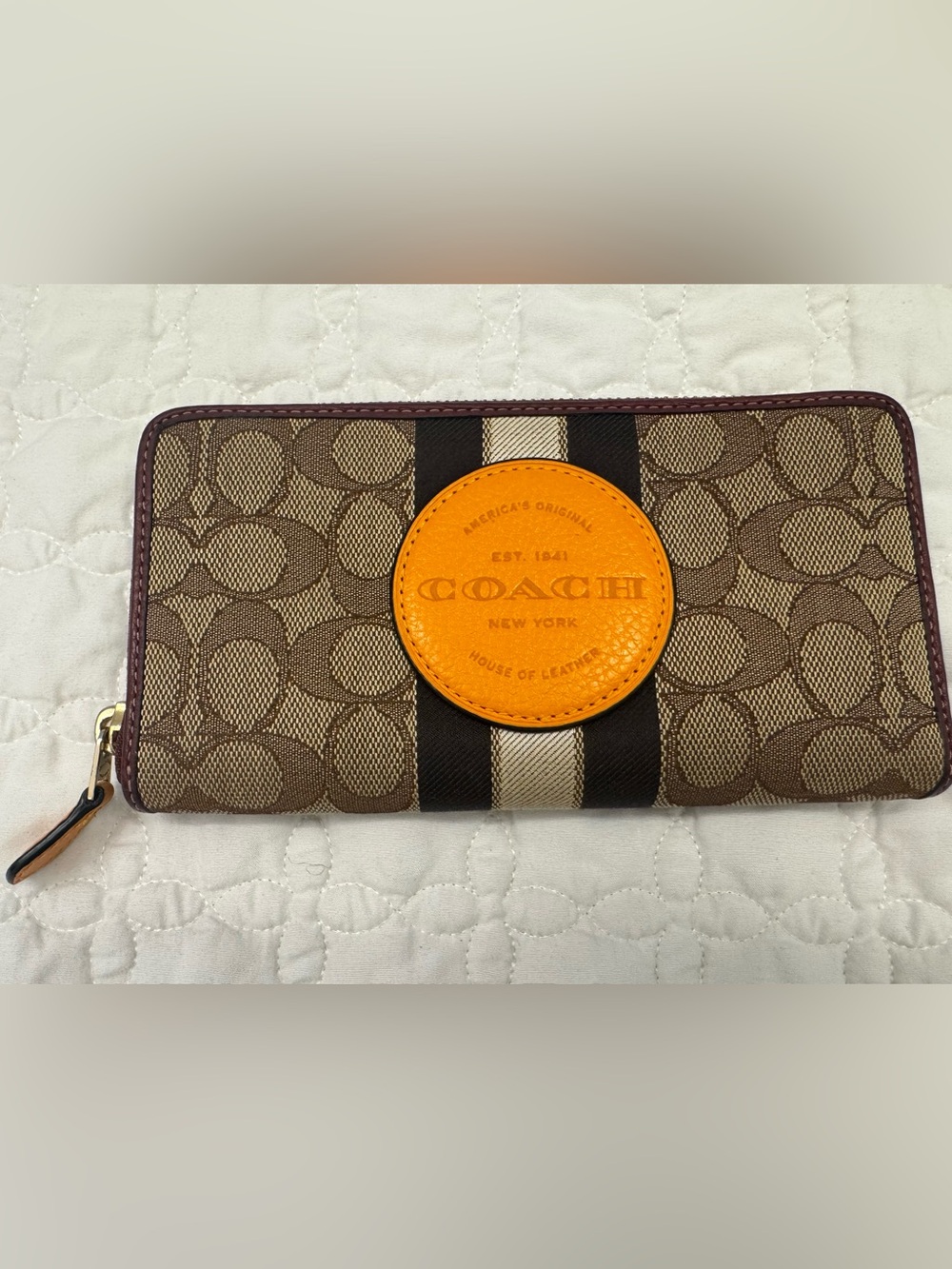 COACH Dempsey Signature Zip Around Wallet in Brown with Orange Patch - Picture 13 of 14